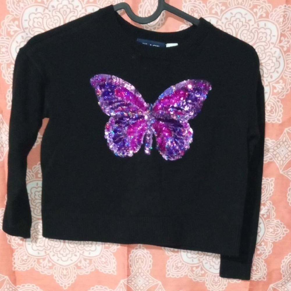 The Children's Place Black Sweater with Pink Sequin Butterfly